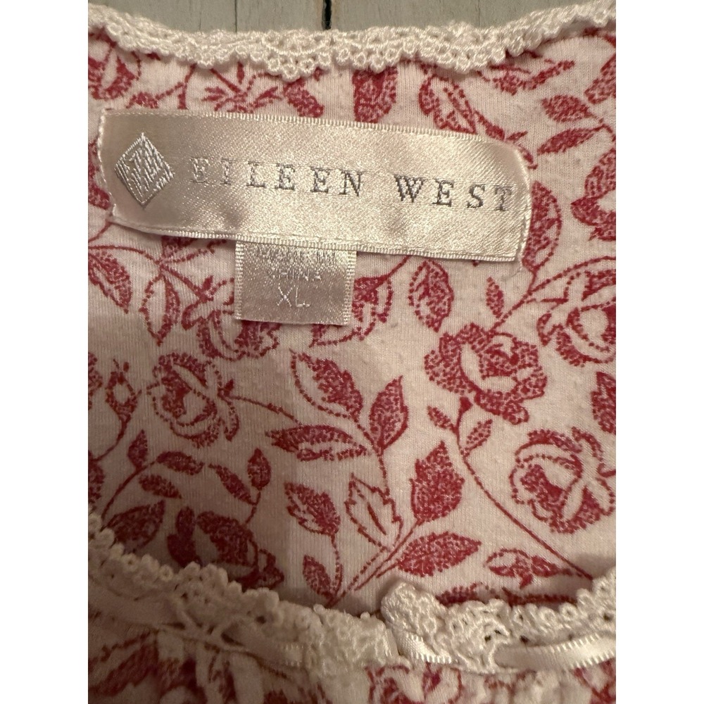 Eileen West Red White Floral Nightgown Lace Trim Button Front Soft Knit Sz XL - Picture 10 of 10